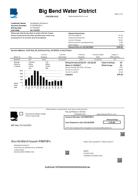 USA Nevada Big Bend Water District business utility bill template in Word and PDF formats